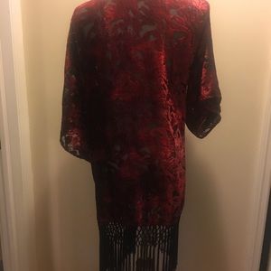 Red crushed velvet lace fringe trim kimono size 4